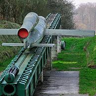Launching ramp with flying bomb / doodlebug at the V1 launch site at Ardouval / Val Ygot, Normandy, France